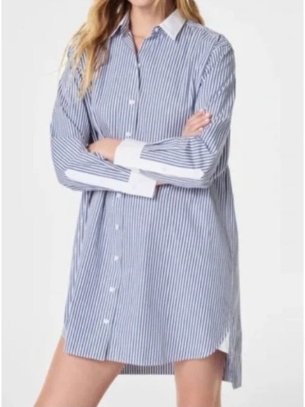 NEW Spanx the Best Poplin Striped Shirt Mini Dress Blue/Postalbl Small Collared